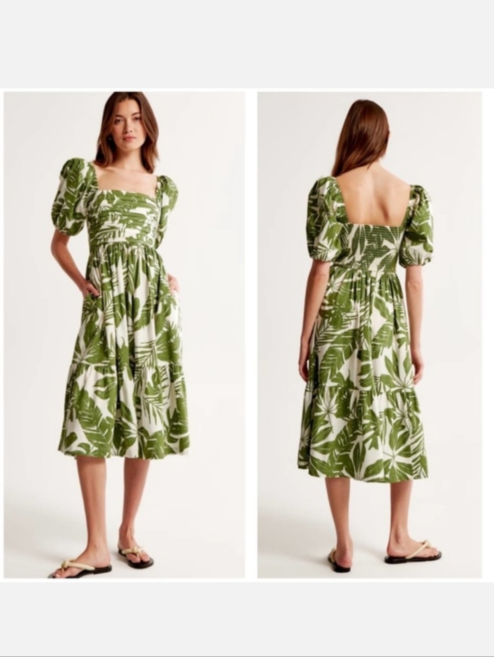 NWOT. Abercrombie & Fitch Emerson Poplin Sleeve Midi Dress Green Tropical Leaf S